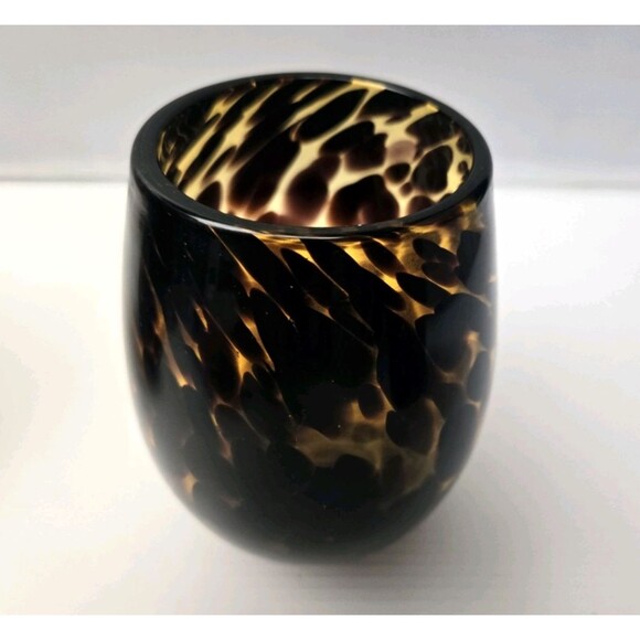 Hand Blown Stemless Tortoise Shell Wine Glass Amber Leopard Pattern Set of 2 - Picture 10 of 12